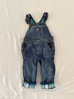 OshKosh B'gosh Dark Blue Denim Overalls Plaid Flannel Lined 24 Months
